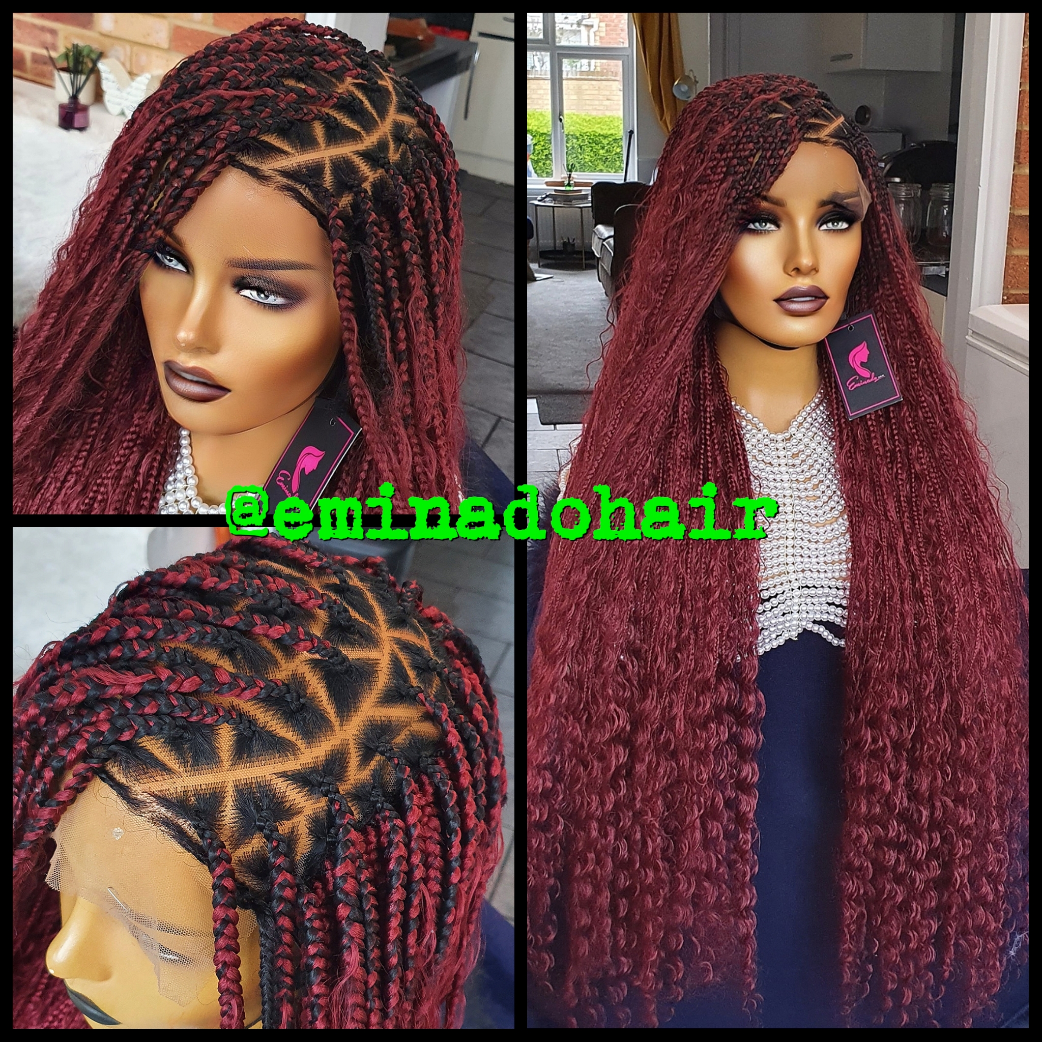 Burgundy Curved Boho Triangle knotless braids, Full Frontal and